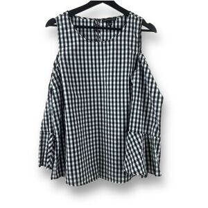 Signature Studio Women's L Cold Shoulder Flare Sleeve‎ Gingham Top Black White